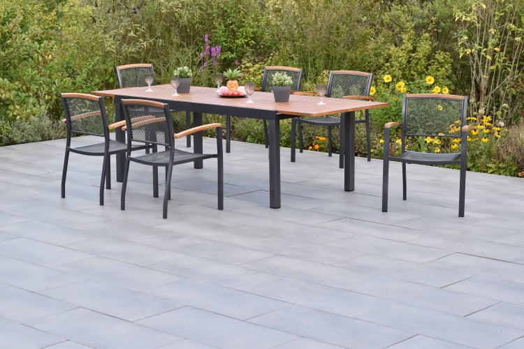 Tilos Gartenmöbelset 7tlg., Stapelsessel, Ausziehtisch 180 (250) x 100 cm