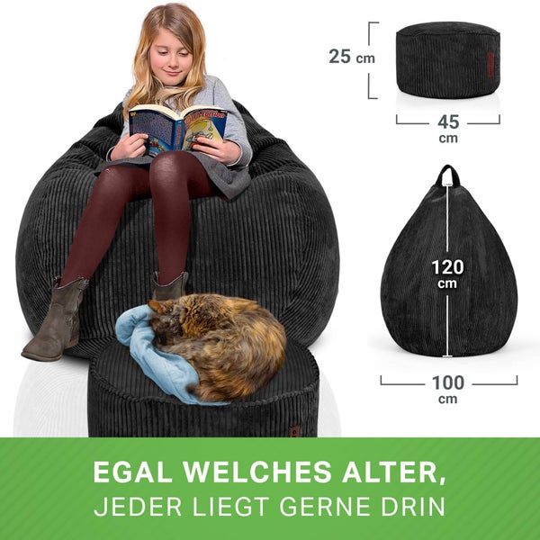 Green Bean 2er Set Indoor XXL Sitzsack + Pouf mit EPS-Perlen Füllung - Fußhocker Fußkissen Hocker Bodenkissen Liegekissen Sitzkissen Lounge Chair - Schwarz