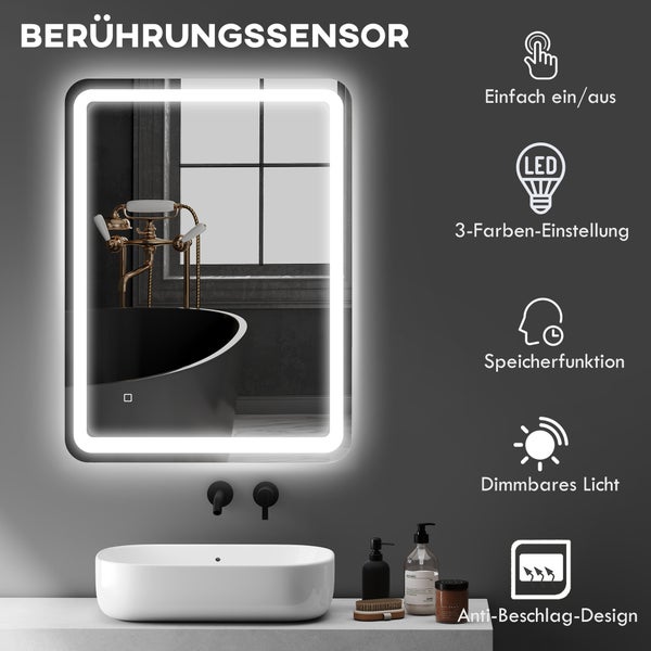 LED-Badezimmerspiegel mit Touch-Sensor, drei Lichtfarben, Memory-Funktion, dimmbar und Anti-Beschlag-Funktion über weißem Waschbecken.