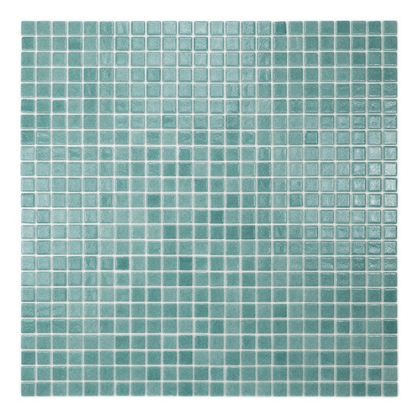 Quadratisches Mosaikfliesennetz mit kleinen Fliesen in einem glänzenden Glaslook.