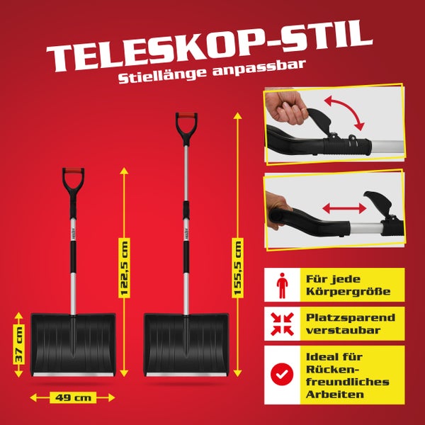 Schneeschaufel mit Teleskopstiel und Größenangaben