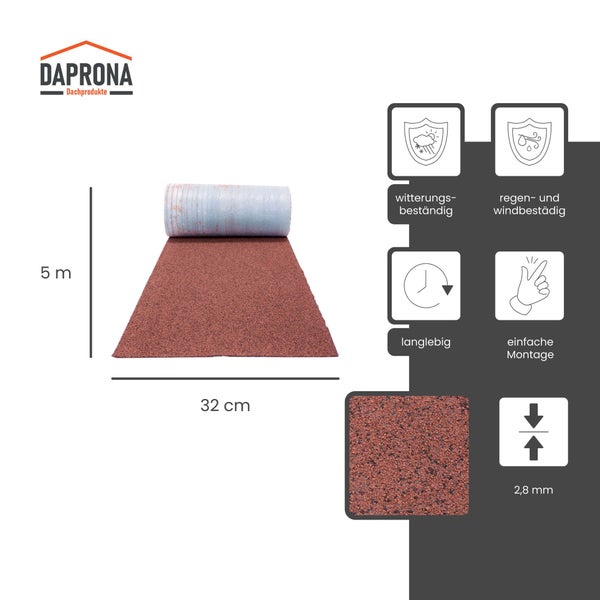 Daprona Logo. Rotbraunes Firstband mit Granulat, 5 Meter Länge, 32 Zentimeter Breite, 2,8 Millimeter Dicke. Witterungsbeständig, langlebig, einfache Montage.