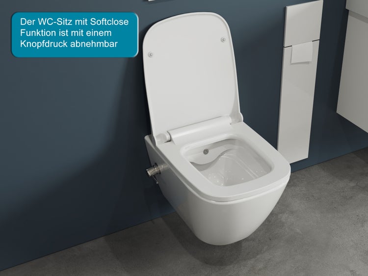 Aqua Bagno Mestola Hänge-Dusch-WC – Spülrandlos mit Taharet-Funktion & Softclose WC-Sitz – Weiß – S.9856.9861