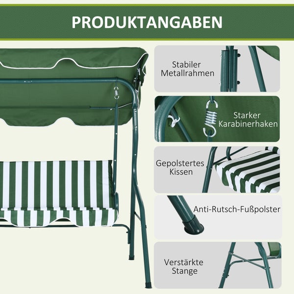 Outsunny Hollywoodschaukel, 3-Sitzer Gartenschaukel, Verstellbares Sonnendach, 170 x 110 x 153 cm, Stahlrahmen, Grün