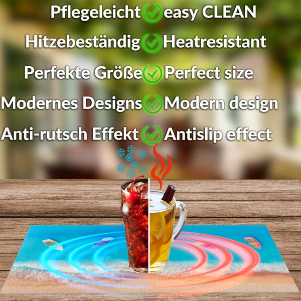 Pflegeleichtes, hitzebeständiges Tischset mit Strandmotiv, modernem Design und Antirutsch-Effekt, geeignet für Heiß- und Kaltgetränke.