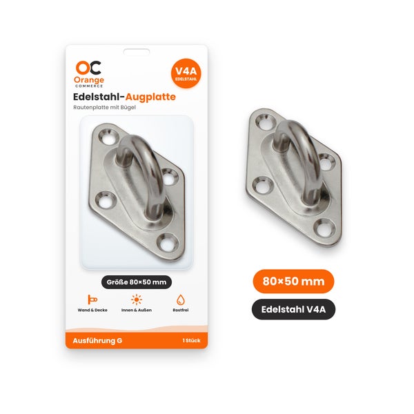 Orange Commerce Edelstahl Augplatte Rautenplatte mit Bügel 80 mal 50 Millimeter aus V4A Edelstahl für Wand und Decke innen und außen rostfrei