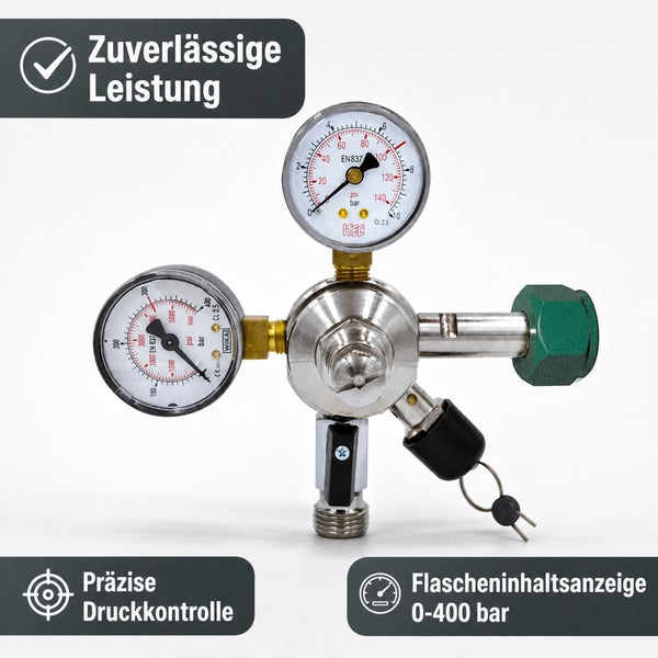 Druckminderer für Gasflaschen mit zwei Manometern zur präzisen Druckkontrolle und Flascheninhaltsanzeige bis 400 bar.