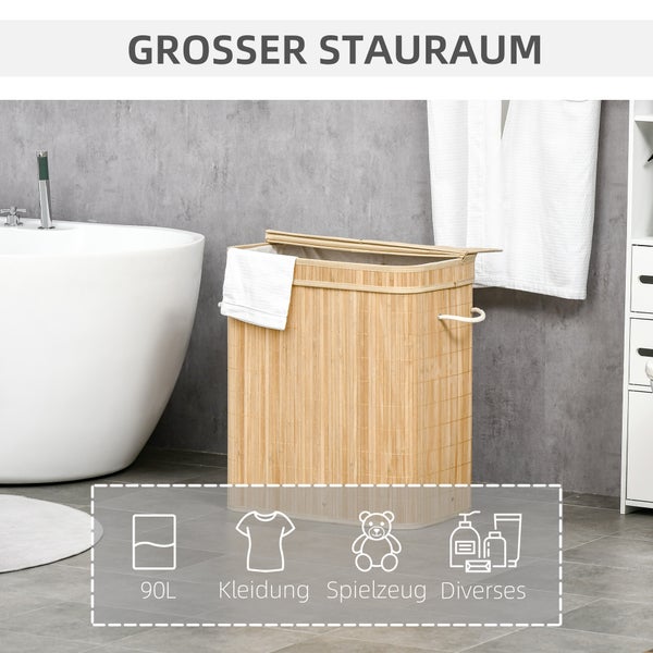 HOMCOM Wäschekorb mit Deckel 90 L Wäschesammler mit Griffen, 2 herausnehmbarer Wäschesack, faltbar, Wäschebox Wäschetonne für Waschküche Schlafzimmer Badezimmer Natur