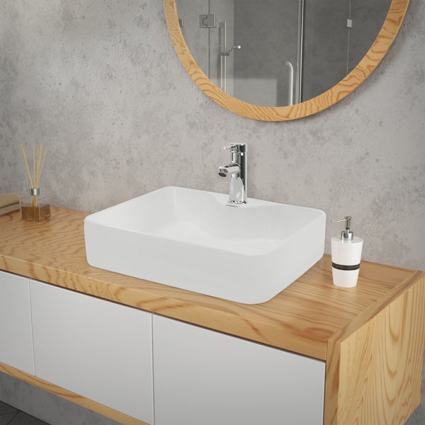 ECD Germany Design Waschbecken Waschtisch 480 x 380 x 140 mm inkl. Ablaufgarnitur für Waschbecken ohne Überlauf - Keramik Weiß Aufsatzbecken Aufsatzwaschbecken Waschschale Aufsatzwaschtisch Spülbecken