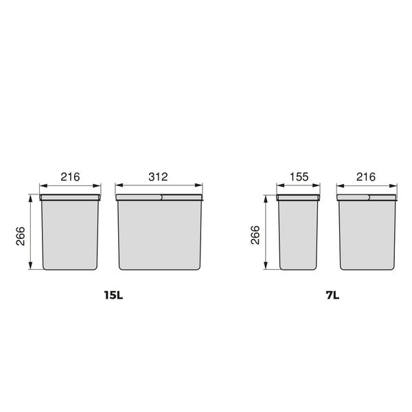Maßzeichnung für Abfalleimer 15 und 7 Liter. 15 Liter: 266 mal 312 mal 216 Millimeter. 7 Liter: 266 mal 216 mal 155 Millimeter.