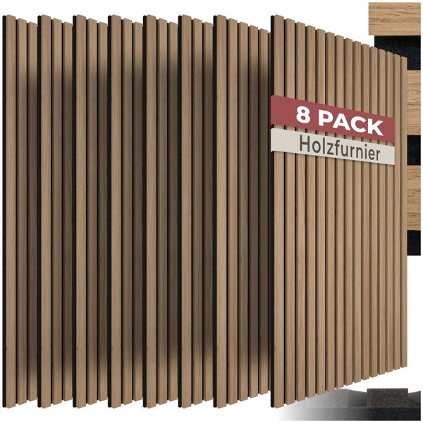 Akustikpaneele aus Holzfurnier im 8er-Pack, Wandverkleidung mit vertikalen Holzlamellen auf dunklem Trägermaterial.