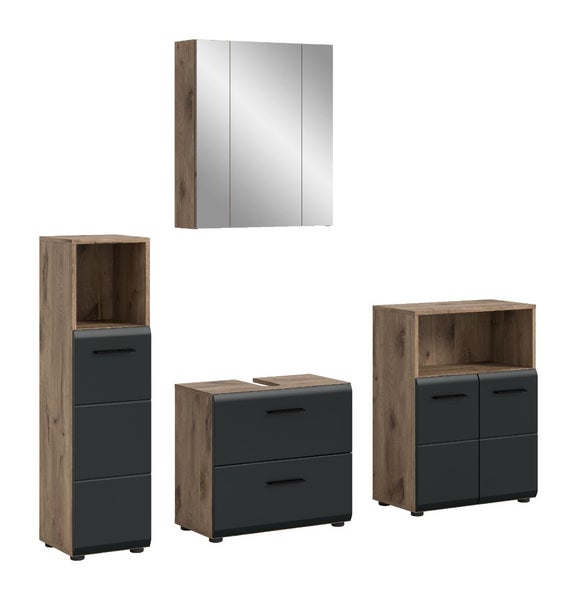 Badmöbel-Set 4-teilig in Eichenoptik und Anthrazit bestehend aus Spiegelschrank, Waschtischunterschrank, Hochschrank und Beischrank.