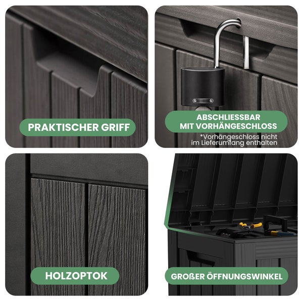 Gartenbox mit integriertem Griff, Vorrichtung für ein Vorhängeschloss, Oberfläche in Holzoptik und weit öffnendem Deckel.