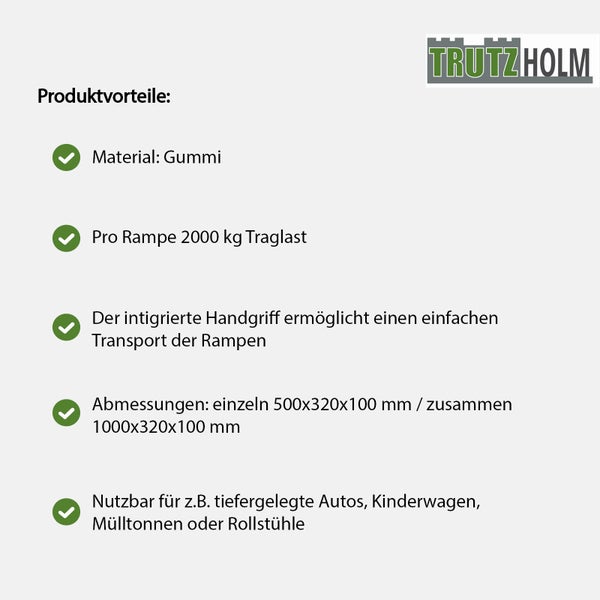 TRUTZHOLM Bordsteinrampe 2er Set 50x32x10cm Tragkraft 2t Gummi Rampe Auffahrrampe Rollstuhlrampe