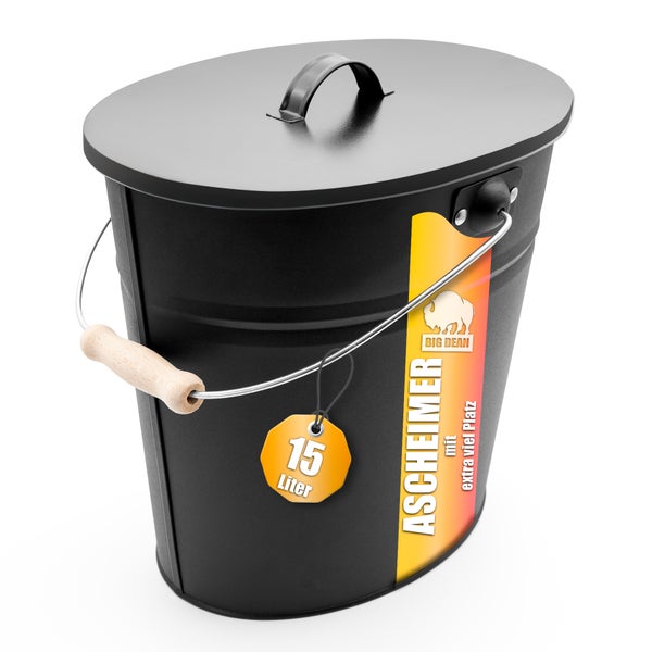 Schwarzer Ascheimer aus Metall mit Deckel, Tragegriff und 15 Liter Fassungsvermögen