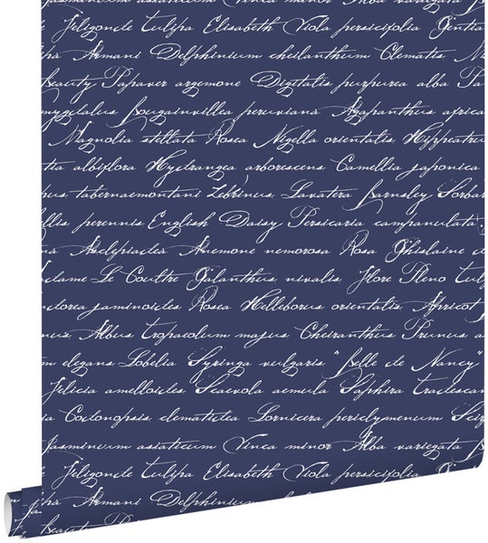ESTAhome Tapete handgeschriebene lateinische Blumennamen Dunkelblau - 53 cm x 10.05 m - 128040