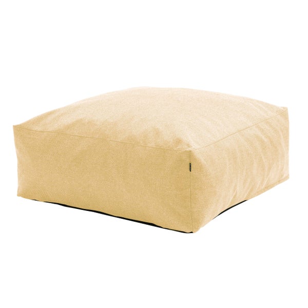 Quadratisches Bodenkissen aus strukturiertem Stoff in Gelb.