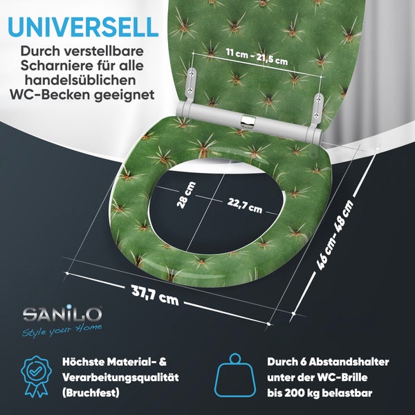 Sanilo Toilettensitz Kaktus, Breite 37,7 Zentimeter, Länge 46 bis 48 Zentimeter, verstellbare Scharniere, belastbar bis 200 Kilogramm, bruchfest.