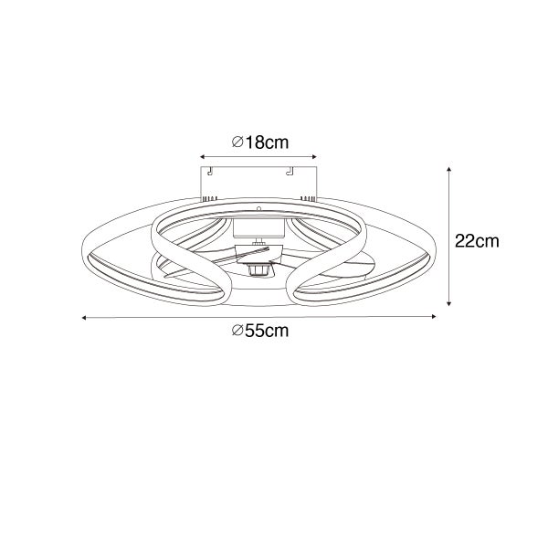 Maßzeichnung eines Deckenventilators mit Beleuchtung, Gesamtdurchmesser 55 Zentimeter, Höhe 22 Zentimeter, Baldachin 18 Zentimeter.