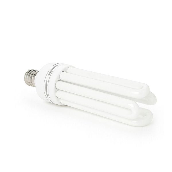 Energiesparlampe in U-Form mit E27-Sockel und weißen Leuchtröhren.