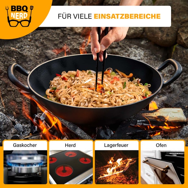 BBQ Nerd Gusseisen Wok Ø 33,5 cm für asiatische Gerichte und mehr | Antihaftpfanne mit exzellenter Wärmeleitung | Wokpfanne für Grill Feuerstelle Herd einschl. Induktion