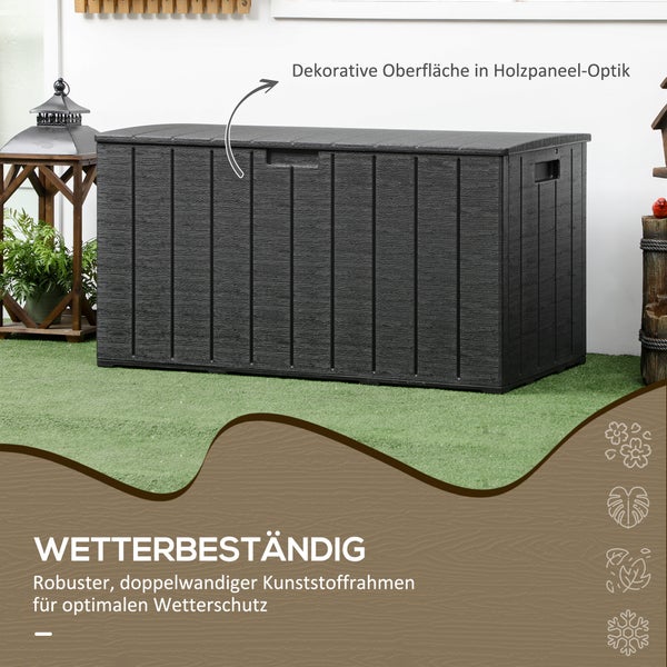 Wetterbeständige Gartenbox aus doppelwandigem Kunststoff in Holzpaneel-Optik für den Außenbereich.