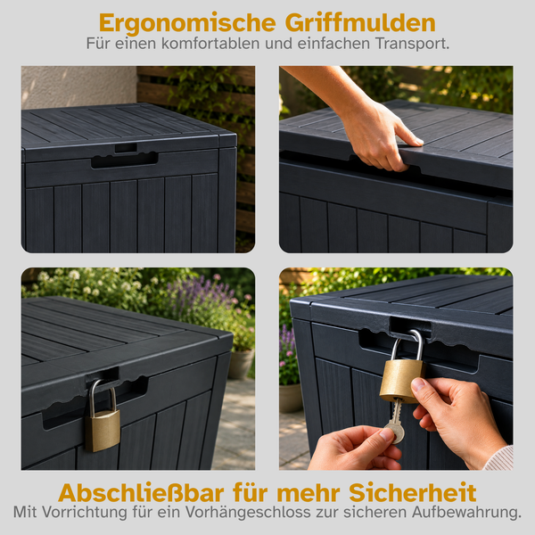Gartenbox mit ergonomischen Griffmulden für den Transport und Vorrichtung für ein Vorhängeschloss zur sicheren Aufbewahrung.