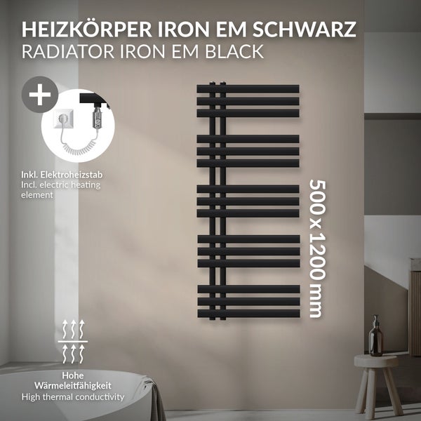 Schwarzer Heizkörper Iron EM mit Elektroheizstab, 500 x 1200 Millimeter