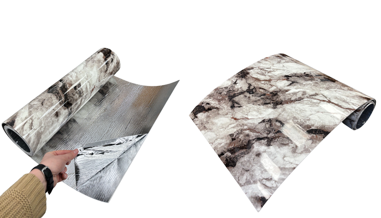 Rolle selbstklebende Möbelfolie mit Marmoroptik und silberner Rückseite