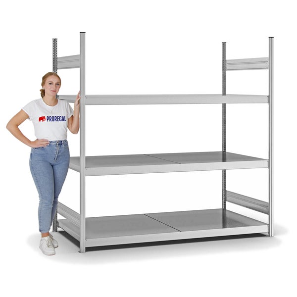 PROREGAL Weitspannregal Stecksystem T-Profil Grundregal HxBxT 200x200x80 cm 3 Ebenen Stahlplatten Fachboden Fachlast 350 kg Verzinkt