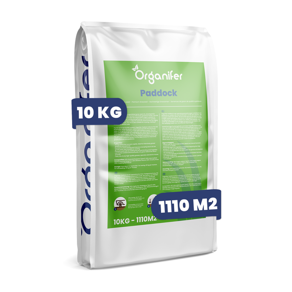 Organifer Paddock Rasensamen, 10 Kilogramm Sack, ausreichend für 1110 Quadratmeter, speziell für Pferdeweiden und Paddocks.
