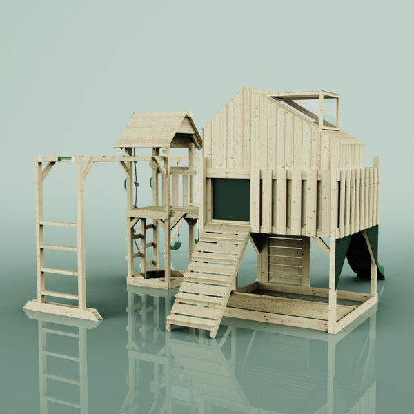 Holzspielhaus mit Klettergerüst, Rutsche und Schaukel