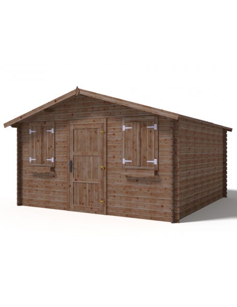 Gartenhaus aus Holz mit Satteldach, mittiger Eingangstür und zwei Fenstern mit Fensterläden.