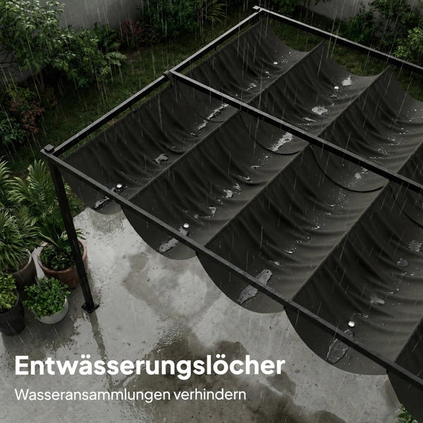 Pergola mit ausziehbarem Stoffdach im Regen, zeigt integrierte Entwässerungslöcher zur Vermeidung von Wasseransammlungen.