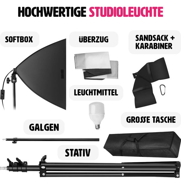 Set bestehend aus Softbox, Leuchtmittel, Überzug, Sandsack mit Karabiner, Galgen, Stativ und großer Tasche für Fotostudios.