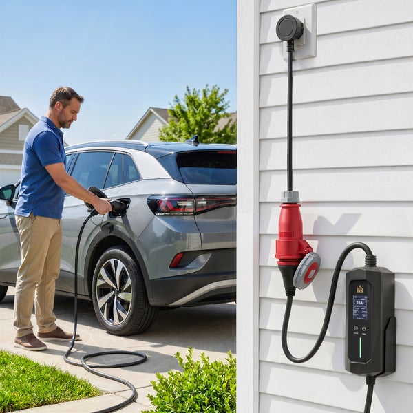 Ein Mann lädt ein Elektroauto vor einem Haus mit einer mobilen Ladestation für Elektrofahrzeuge, die an einer Außensteckdose montiert ist.
