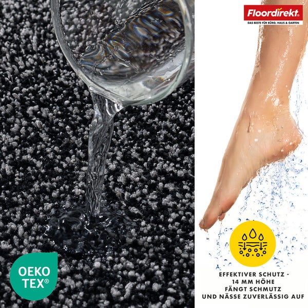 Feuchtigkeitsbeständiger Teppich mit Oeko-Tex Siegel und FloorDirekt Logo