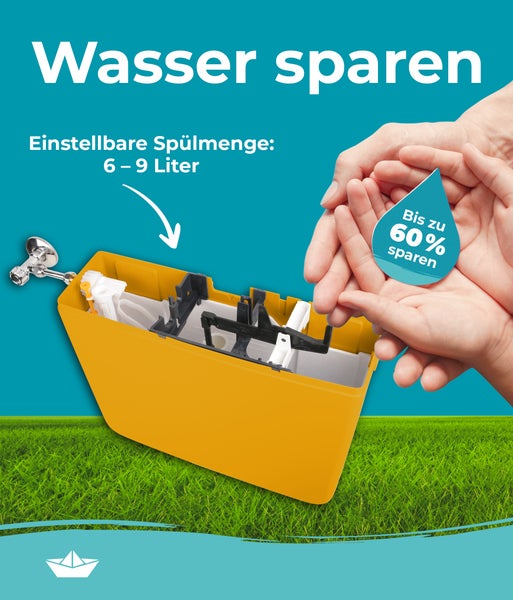 Spülkasten mit einstellbarer Spülmenge von 6 bis 9 Liter zur Wassereinsparung um bis zu 60 Prozent.