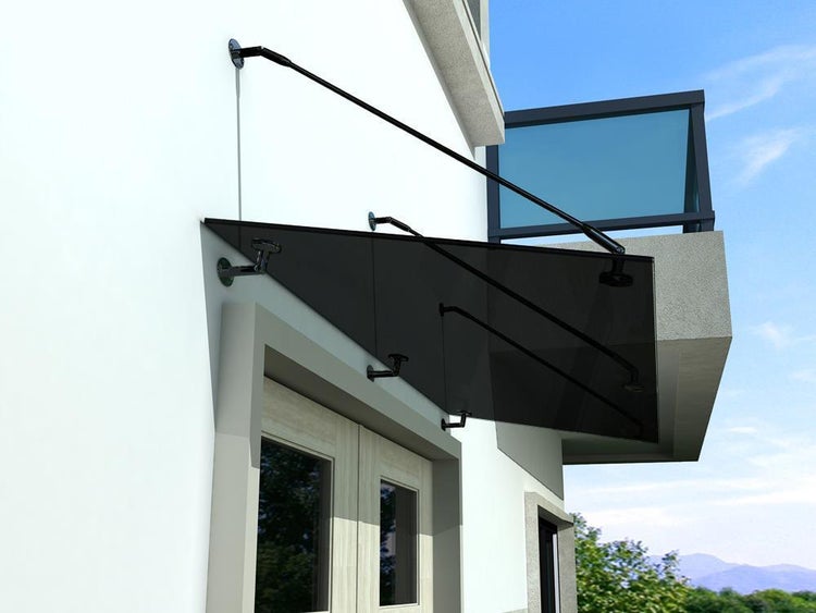 BuyLando (3STR) 200x90 cm Grauglas Glasvordach inkl. Edelstahlhalter in Schwarz