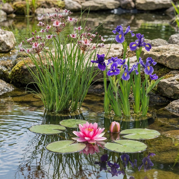 Gartenteich mit blühender pinkfarbener Seerose, blauem Sumpf-Iris und Schwanenblume vor einer Steinmauer.