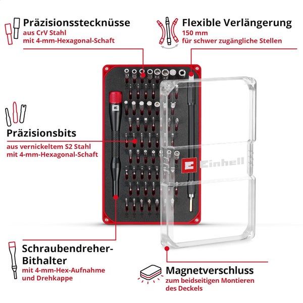 Original Einhell 66-tlg. Präzisions- und Elektronik-Reparatur-Set (mit Präzisionsbits, Präzisionsstecknüssen, Schraubendreher-Bithalter, flexibler 150-mm-Verlängerung, Adapter)