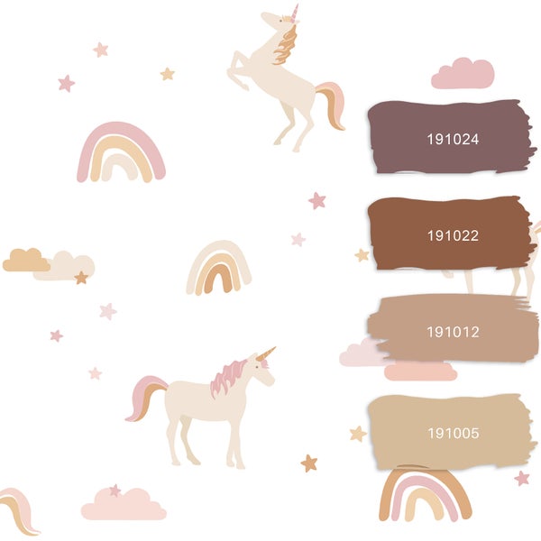 Wandaufkleber mit Einhorn-, Regenbogen-, Wolken- und Sternmotiven