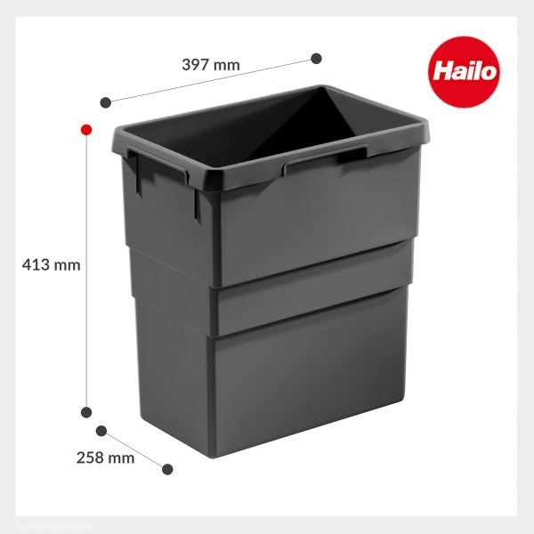 Hailo Mülleimer-Einsatz mit Maßen 413 Millimeter Höhe, 397 Millimeter Breite und 258 Millimeter Tiefe. Hailo Logo.