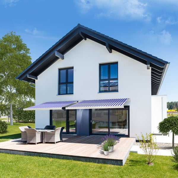 Home Deluxe - LED Vollkassettenmarkise ELOS - Marineblau-Weiß, 395 x 300 cm - inkl. Wind- und Sonnensensor, Fernbedienung, Handkurbel, Montagematerial I Terrassenüberdachung Sonnenschutz Windschutz