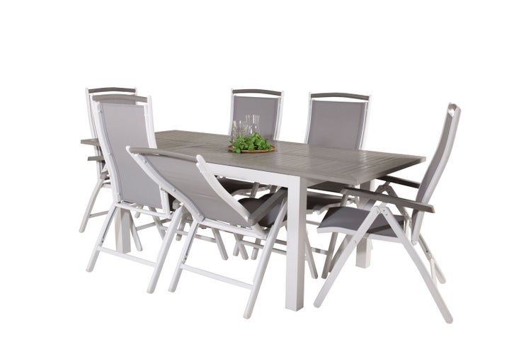 Albany Gartenset Tisch 90x160/240cm und 6 Stühle 5pos Albany weiß, grau. 90 X 160 X 75 cm