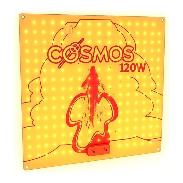 Quadratisches LED-Pflanzenlicht mit Cosmos 120 Watt Aufdruck und zahlreichen kleinen LED-Dioden.