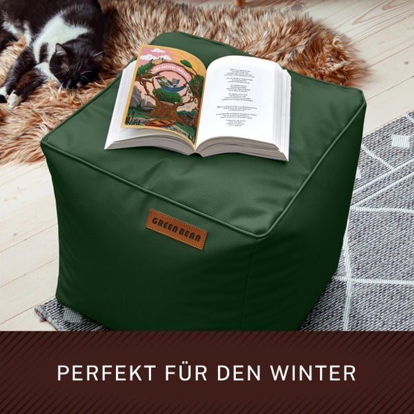 Gemütliche Szene mit einem grünen Sitzsack, einem offenen Buch und einer schlafenden Katze
