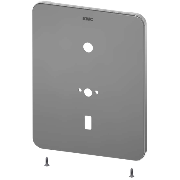 Rechteckige KWC Frontplatte aus Metall mit abgerundeten Ecken und mehreren Aussparungen inklusive zwei Schrauben. KWC Logo.