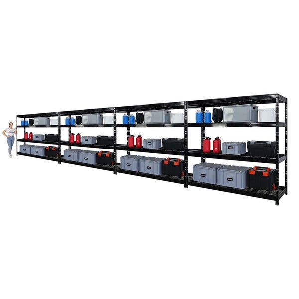 PROREGAL Mega Deal 4x Profi Schwerlastregal Rhino HxBxT 180x200x60cm 4 Gitterrost-Ebenen Fachlast 500kg Schwarz