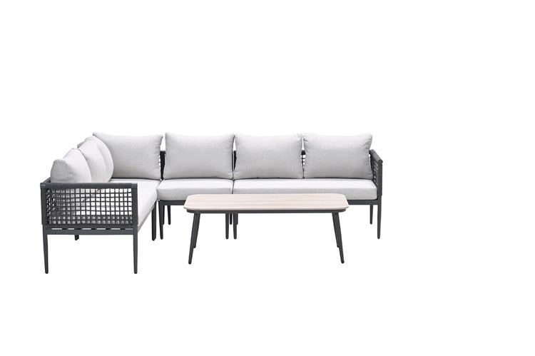 Modernes Garten-Lounge-Set mit grauer L-förmiger Eckcouch aus Metall und Seilgeflecht sowie einem rechteckigen Couchtisch mit heller Holzplatte.